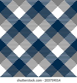 Checkered gingham fabric seamless pattern in blue grey and white, vector