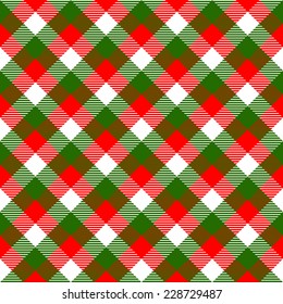 Checkered gingham fabric seamless pattern in christmas colors: green white and red, vector