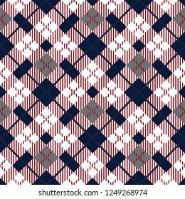Checkered gingham plaid fabric seamless pattern in blue white and red, vector print