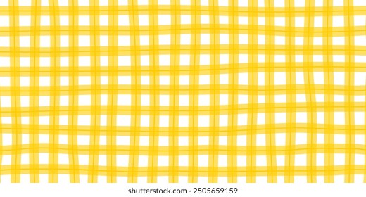 Checkered gingham or vichy pattern in doodle style. Picnic plaid, tablecloth or napkin texture in freehand technique. Yellow crossed uneven lines. Minimalistic aesthetic print. Vector illustration.