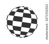 Checkered globe. 3D sphere icon. Orbit model, spherical shape. Ball with black and white squered pattern. Round chessboard figure isolated on white background. Vector graphic illustration