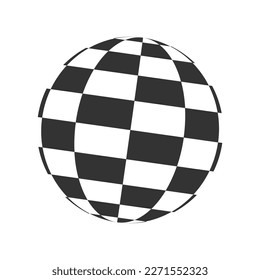 Checkered globe. 3D sphere icon. Orbit model, spherical shape. Ball with black and white squered pattern. Round chessboard figure isolated on white background. Vector graphic illustration