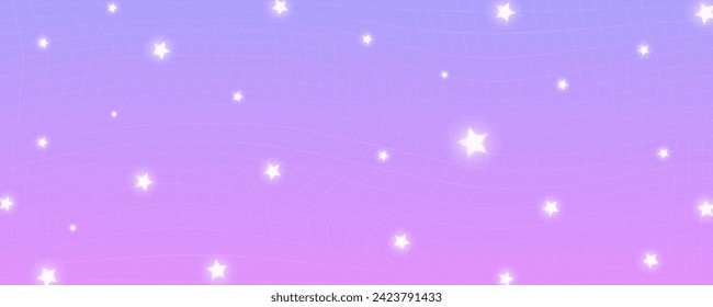 Checkered gradient background with stars. Pastel holographic kawaii backdrop. Abstract vector purple squared wallpaper