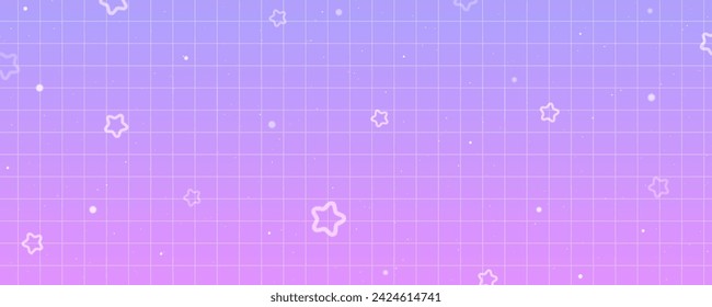 Fondo de degradado a cuadros con estrellas. Fondo kawaii holográfico pastel. Vector abstracto púrpura cuadrado fondo de pantalla