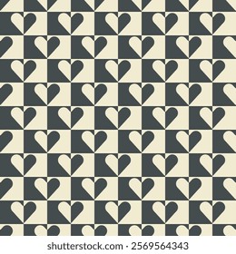 Checkered graphical ornamental seamless pattern, heart shapes abstract repeat backrgound. Love decorative grid. Black white vintage colours palette. Vector illustration