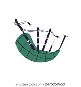 Checkered great highland bagpipe. Traditional Irish or national Scottish woodwind, wind music instrument with bag and pipes for marching. Flat isolated vector illustration on white background