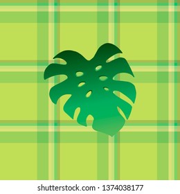 Checkered green background with leaf of monstera. Seamless pattern for your design. 
