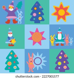 Checkered green and blue pattern with Santa and Christmas symbols. Christmas and new year seamless pattern. For textile, wrapping paper, packaging