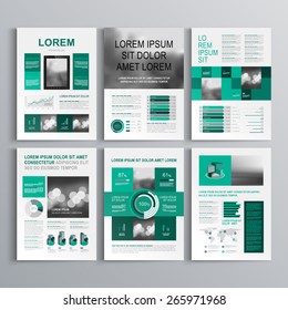 Checkered green brochure template design with square shapes. Cover layout and infographics