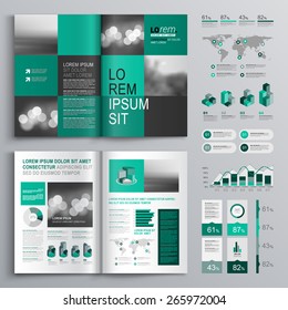 Checkered green brochure template design with square shapes. Cover layout and infographics