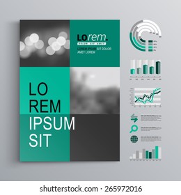 Checkered green brochure template design with square shapes. Cover layout and infographics