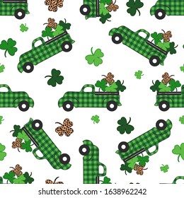 
Checkered green truck and  clover leaves on a white background.  St  Patrick's  seamless pattern. Vector festive texture.
