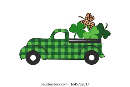 
Checkered green truck and  clover leaves on a white background.  St  Patrick's Vector festive illustration.
