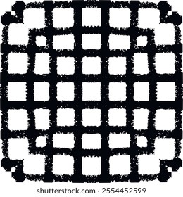 Checkered grid grunge lines abstract black and white seamless pattern. Vector grungy stripes plaid tartan background. Endless rough texture.