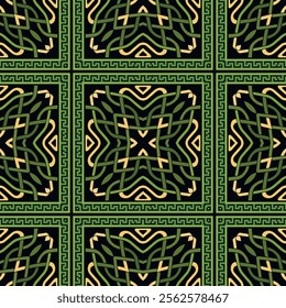 Checkered grid intricate lines and curves beautiful seamless pattern with green square frames, borders, greek key, meander. Vector ornamental arabesque style modern background. Endless ornate texture.