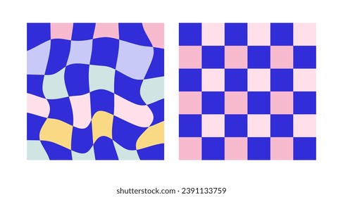 Checkered Groovy Backgrounds Collection. Y2k aesthetic. Funky Minimal Geometric Backdrops Collection. Groovy Hippie Chessboard Pattern Set