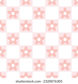 Checkered groovy floral pattern, seamless repeating background with pastel colors