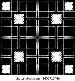 Checkered grunge lines striped seamless pattern. Black and white plaid tartan textured background. Grungy hatched squares ornament. Rough repeat backdrop. Decorative geometric design. Endless texture