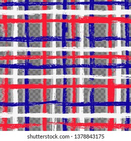 Checkered grunge pattern with red and blue and white stripes on transparent background. Vector image. Eps 8