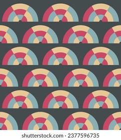Checkered half circle abstract seamless pattern swatch. Cute decorative arch geometrical grid. Black, yellow, red, blue vintage colours palette. Graphical ornamental background. Vector illustration