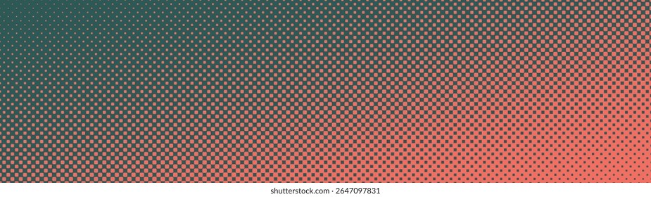 Checkered halftone pattern faded tilted gradient ultra wide 32:9 aspect ratio orange green vector abstract background. Chequered half tone panoramic ultrawide format cool attitude graphic abstraction