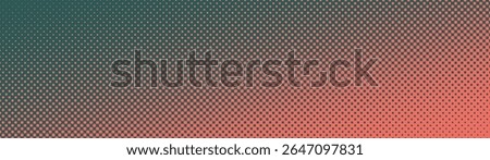 Checkered halftone pattern faded tilted gradient ultra wide 32:9 aspect ratio orange green vector abstract background. Chequered half tone panoramic ultrawide format cool attitude graphic abstraction