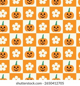Checkered Halloween pumpkins and white flowers seamless pattern on orange and white checkerboards. For Halloween fabric, textile and decoration 