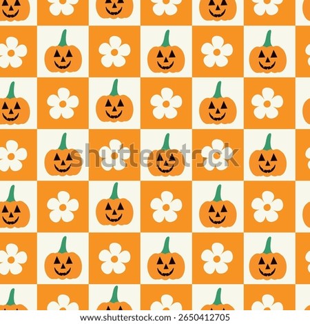 Checkered Halloween pumpkins and white flowers seamless pattern on orange and white checkerboards. For Halloween fabric, textile and decoration 