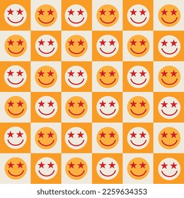 Checkered happy faces with stars on orange and white squares. For stationary, wrapping paper and textile.