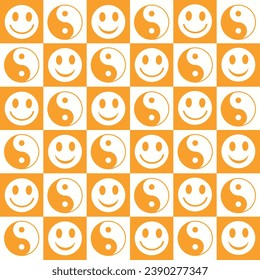 Checkered happy smile faces with yin yang symbol seamless pattern on white and orange checkerboards. For fabric, textile and stationary. 