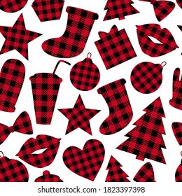 Checkered Hat, gloves, seamless pattern. Red and white vichy color. Winter Merry Christmas design surface. Vector illustration isolated on white background.