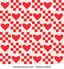 Checkered Hearts seamless pattern with little squares. For Valentine backgrounds, wrapping paper and textile.