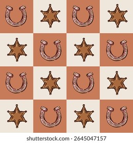 Checkered Horseshoe and Stars pattern seamless. Horseshoe symbol of happiness. Design for fashion , fabric, textile, wallpaper , wrapping and all prints