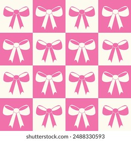 Checkered hot pink bows coquette seamless pattern. For fabric, wrapping paper and textile 