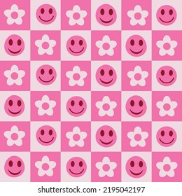 Checkered hot pink retro flowers and happy faces seamless pattern. For textile, wrapping paper and stationary