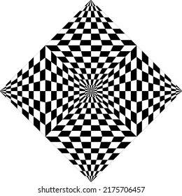 checkered illusion checkered image. Black and white texture. Mosaic motif. Flooring wallpaper. Digital paper. Vector art. Striped abstract geometric pattern, lines. 3D Tunnel grid Background