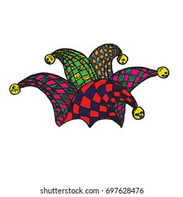 Checkered jester hat, hand drawn doodle, sketch in woodcut style, vector illustration