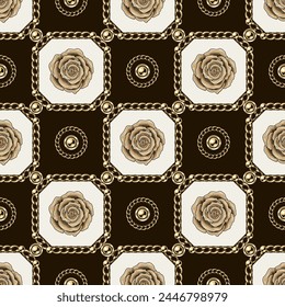 Checkered jewelry seamless pattern with golden chains, roses, chamfer squares. Classic grid. Detailed high contrast illustration in luxury vintage style.