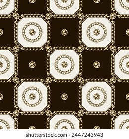 Checkered jewelry seamless pattern with golden chains, beads, chamfer squares. Classic grid. Detailed high contrast illustration in luxury vintage style.