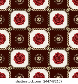 Checkered jewelry seamless pattern with golden chains, red roses, chamfer squares. Classic grid. Detailed high contrast illustration in luxury vintage style.