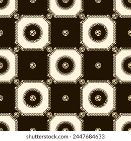 Checkered jewelry seamless pattern with golden chains, beads, chamfer squares. Classic grid. Detailed high contrast illustration in luxury vintage style.