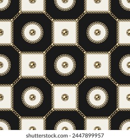 Checkered jewelry seamless pattern with golden chains, beads, chamfer squares. Classic grid. Detailed high contrast illustration in luxury vintage style.