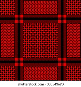 Checkered keffiyeh vector seamless pattern with floral and geometric motif. Traditional Middle Eastern headdress. Black and red. Backgrounds & textures shop.