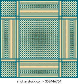 Checkered keffiyeh vector seamless pattern with stripes and geometric motif. Traditional Middle Eastern man headdress. Vintage colors. Blue and yellow. Backgrounds & textures shop.