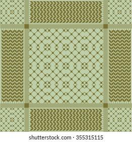 Checkered keffiyeh vector seamless pattern with floral and geometric motif. Traditional Middle Eastern headdress. Green.