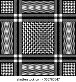 Checkered keffiyeh vector seamless pattern with floral and geometric motif and hounds tooth print. Traditional Middle Eastern headdress. White on black. Backgrounds & textures shop.