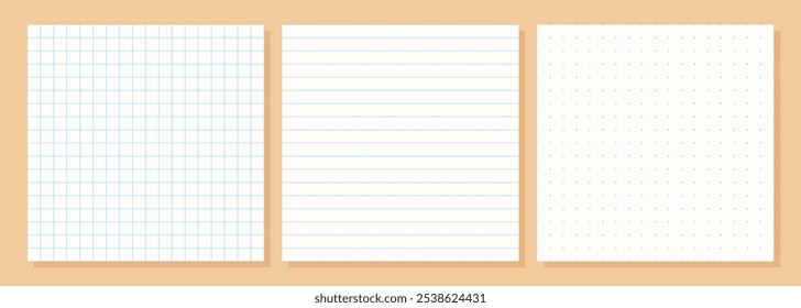 Patrones cuadrados a cuadros, forrados y punteados sin costuras. Páginas colección para diario de viñetas. Fondo de textura de papel. Hojas de cuaderno con rejilla. Diseño de estilo gráfico.