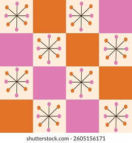 Checkered mid century atomic stars with pink, orange and white checkerboards seamless pattern. For home décor, wallpaper and fabric