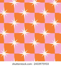 Estallidos atómicos blancos a cuadros de mediados de siglo en cuadros de color rosa y naranja patrón sin fisuras. Para fondos retro, papel pintado y decoración del hogar. 