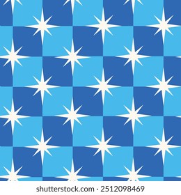 Checkered mid century white atomic starbursts on navy blue and sky blue checkerboards seamless pattern. For retro backgrounds, wallpaper and home décor.